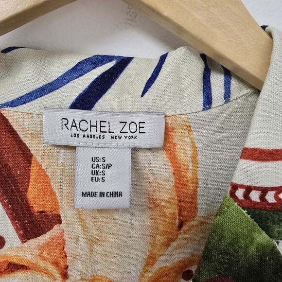 Rachel Zoe Shirt Small Tropical Floral Coconuts Button Front Crop Linen Blend - Picture 6 of 9